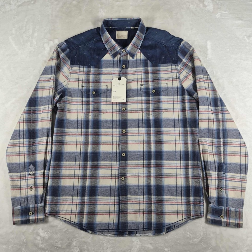 7 Diamonds Flannel Shirt Men's XL Blue Plaid Made Well Long Sleeve Button Up NWT